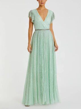 Mac Duggal Green Sequined Gown Maxi Dress Ruffle Cap Sleeve 5502 Size 6